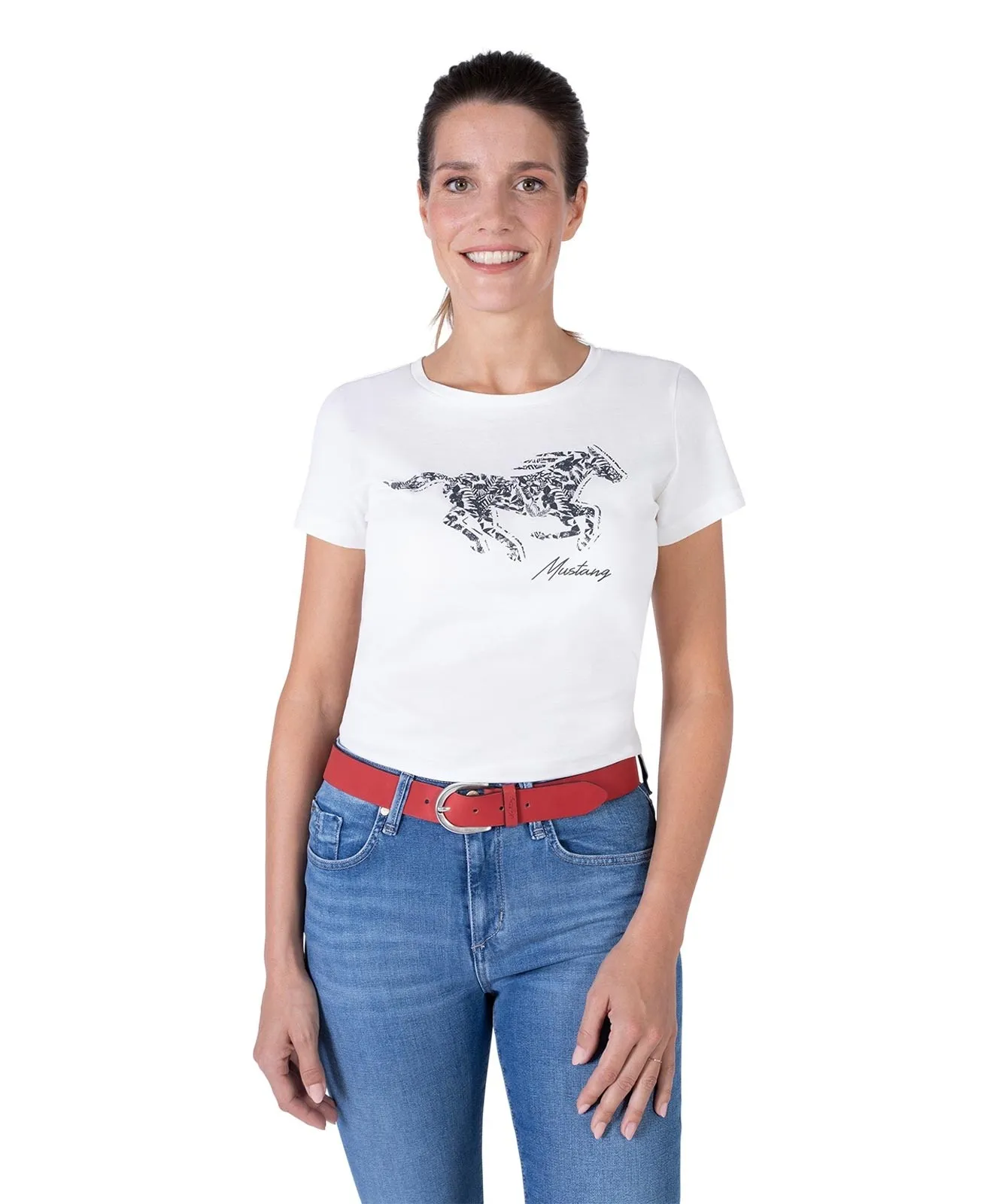 Damen Gürtel 35 mm Ledergürtel mit geprägtem Logo von Mustang in Rot