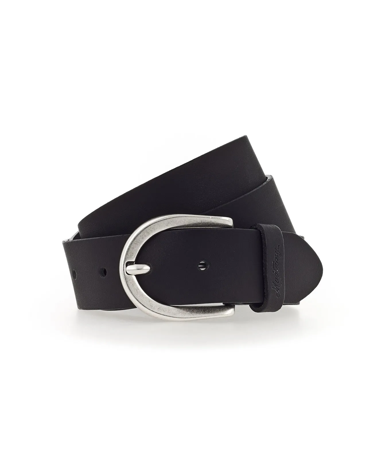 Damen Gürtel 35 mm Ledergürtel mit geprägtem Logo von Mustang in Schwarz