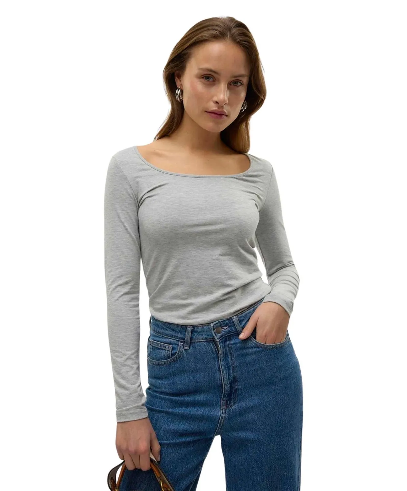 Damen Shirt Maxi My Soft Long U-Neck von Vero Moda in Light Grey Melange