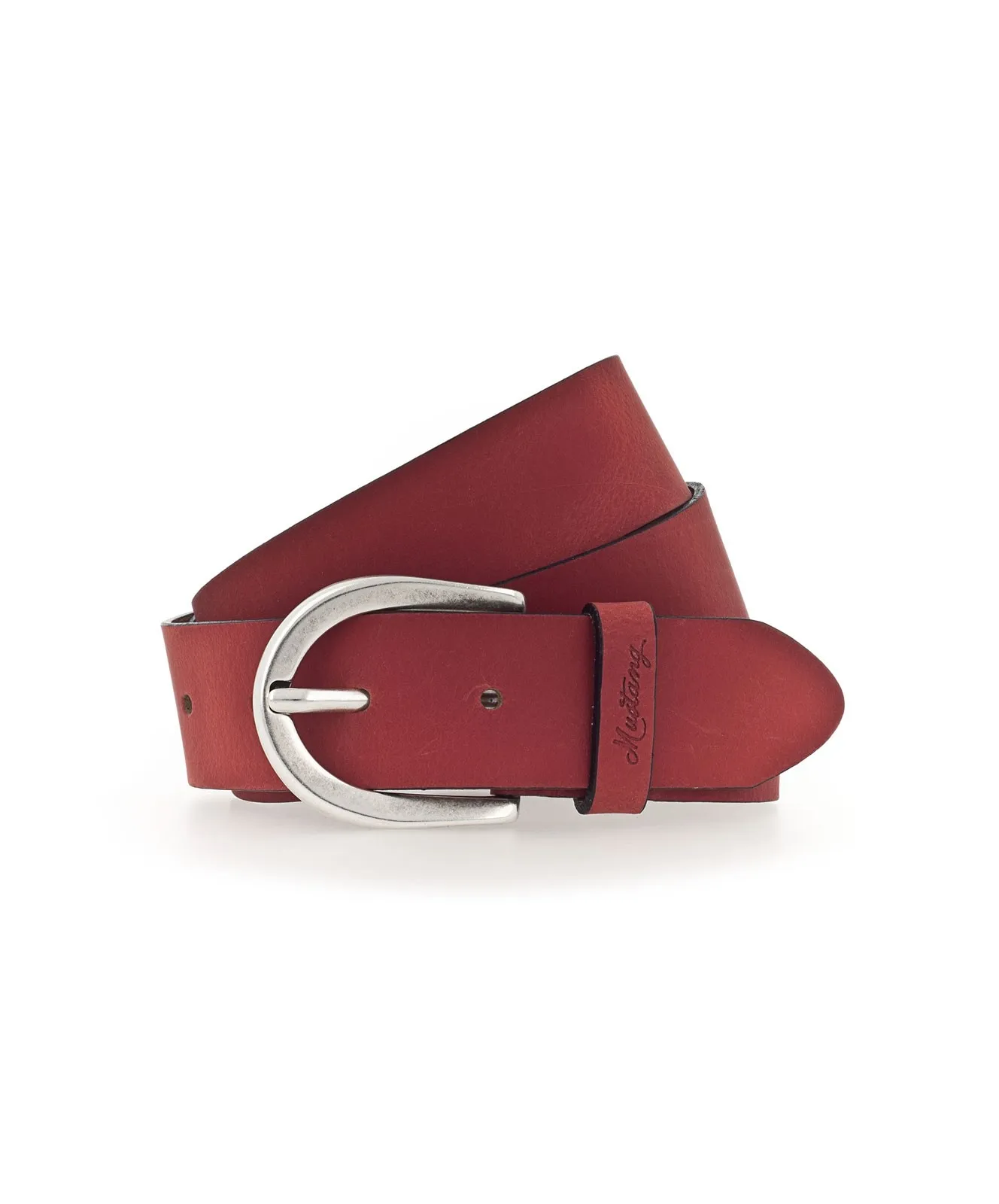 Damen Gürtel 35 mm Ledergürtel mit geprägtem Logo von Mustang in Rot