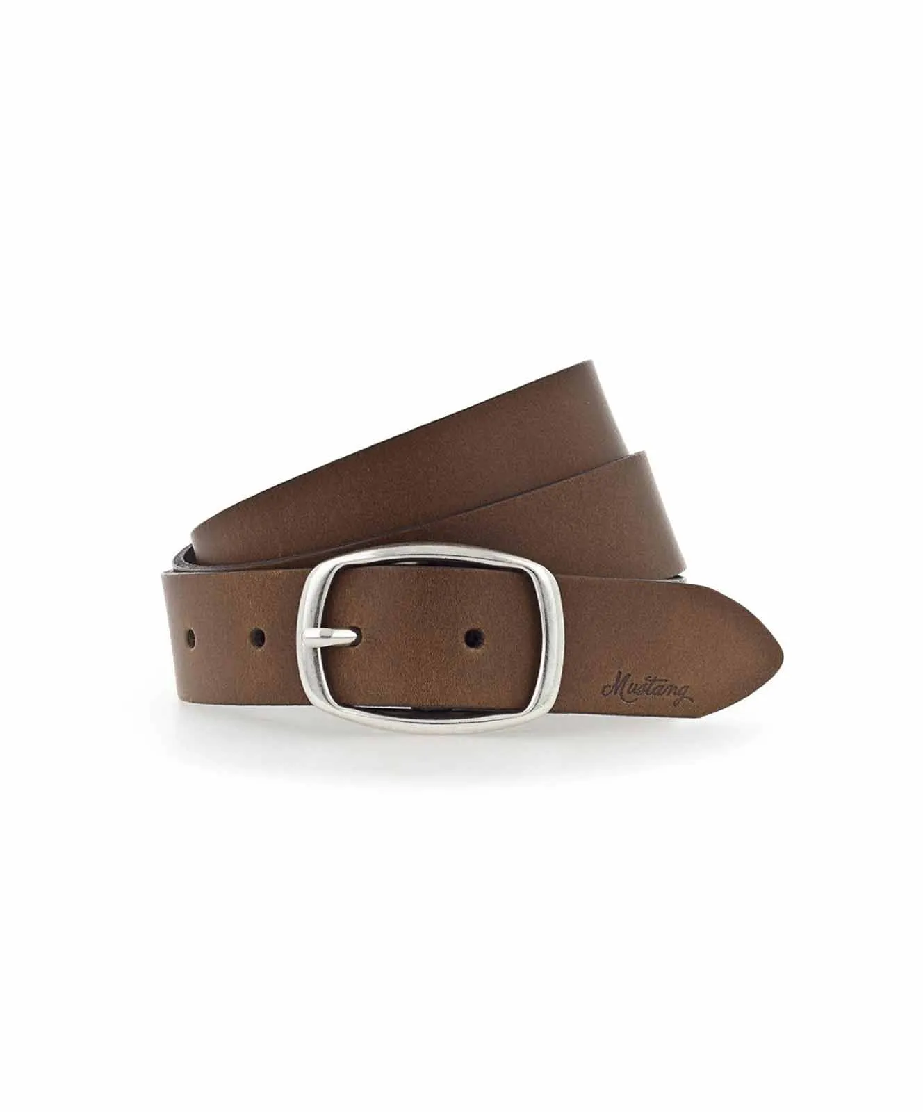 Damen Gürtel 3cm Ledergürtel mit Logo-Schriftzug von Mustang in Braun