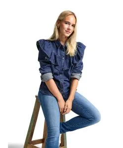 Only Jeansbluse in Dark Blue mit Rüschen und Langarm
