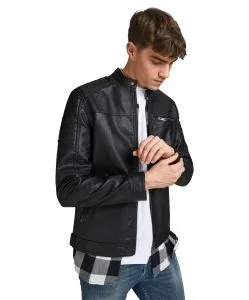 Jack & Jones Bikerjacke Rocky aus schwarzem Leder