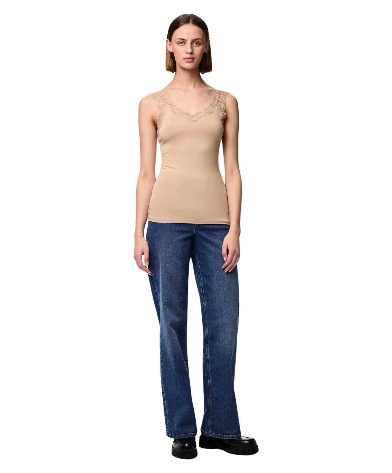 Damen Shirt Barbera Lace von Pieces in Warm Taupe