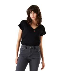 Garcia T-Shirt in schwarzer Glitzer-Optik mit V-Ausschnitt
