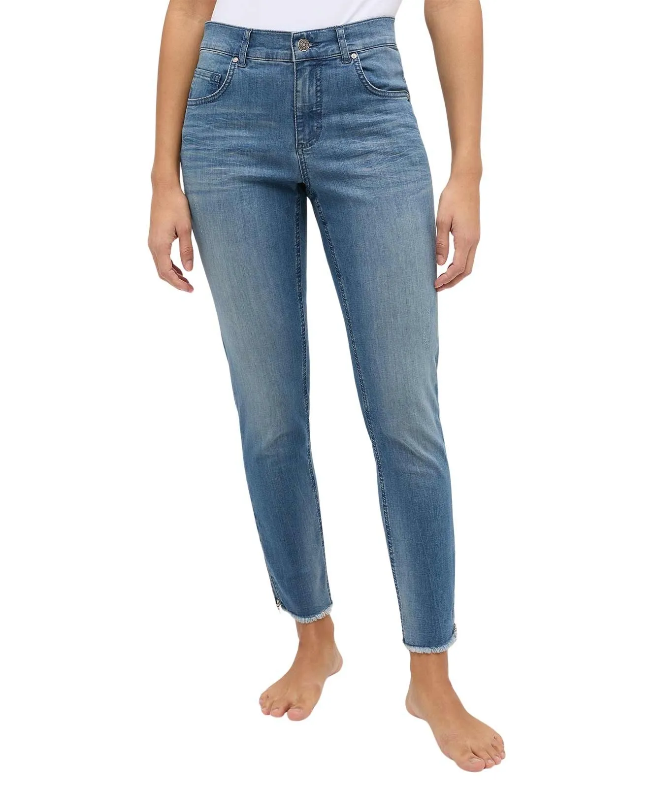 Damen Jeans Skinny Ankle Zip Fringe von Angels in Dirty Blue Used Destroyed