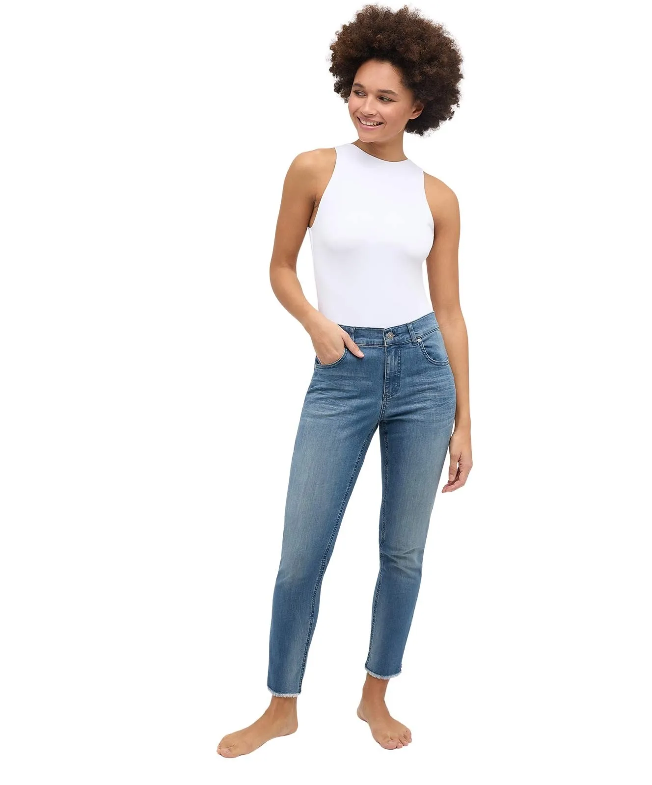 Damen Jeans Skinny Ankle Zip Fringe von Angels in Dirty Blue Used Destroyed