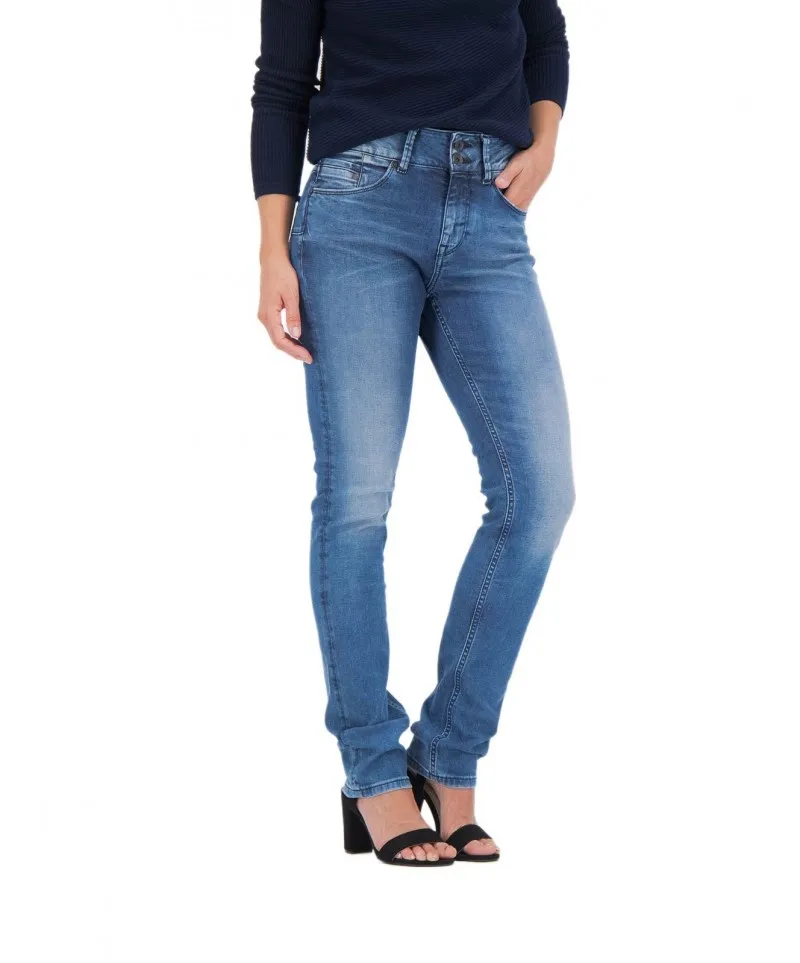 Garcia Damen Jeans Curved Caro in mittelblauem Used