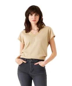 Garcia T-Shirt in beige mit Glitzer-Optik und V-Ausschnitt