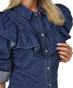 Only Jeansbluse in Dark Blue mit Rüschen und Langarm