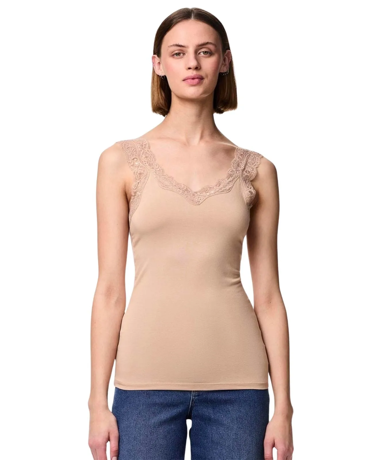 Damen Shirt Barbera Lace von Pieces in Warm Taupe