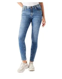 Damen Jeans Mittelhoch Mit Used-Look - Gerissene Details & Geknöpfter Bund
