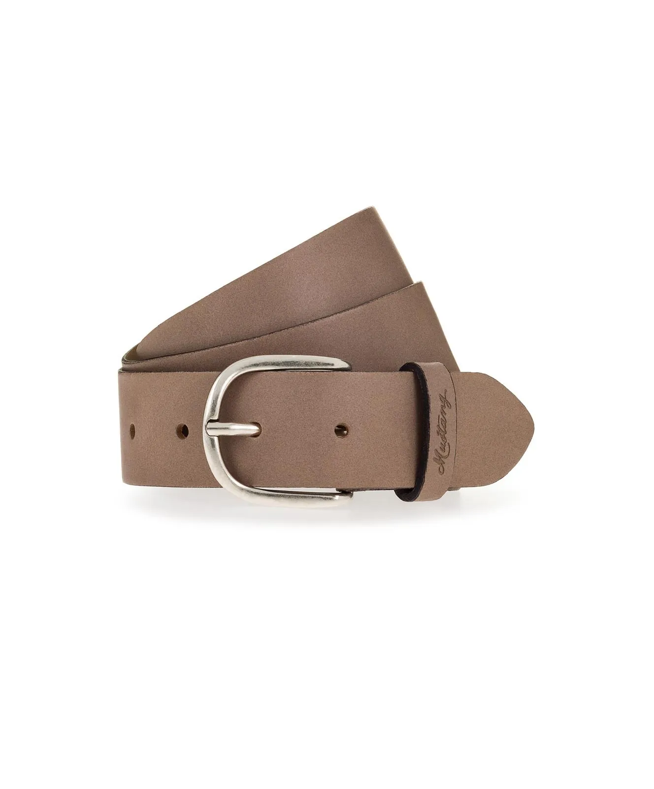Damen Gürtel 35 mm Ledergürtel mit geprägtem Logo von Mustang in Dunkeltaupe